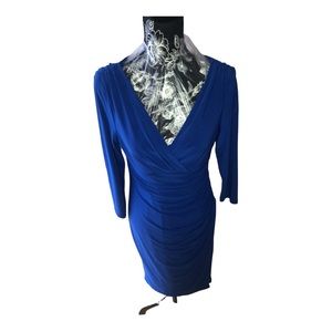 New Directions size 8 royal blue faux wrap midi dress shirred mid section